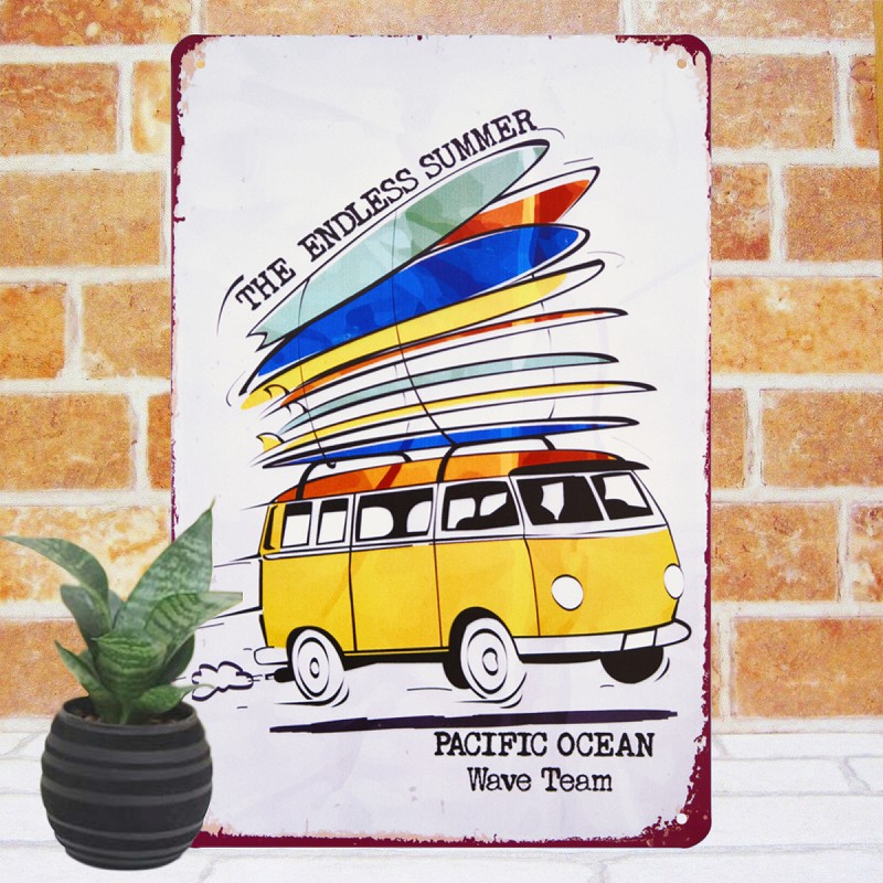 ブリキ看板 おしゃれ ワーゲンバス 黄色 アートパネル 海 車 ポスター