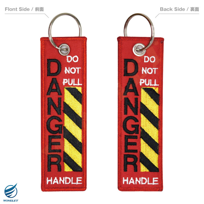 DANGER DO NOT PULL HAMDLE タグ キーホルダー カラー レッド 1個 刺繍