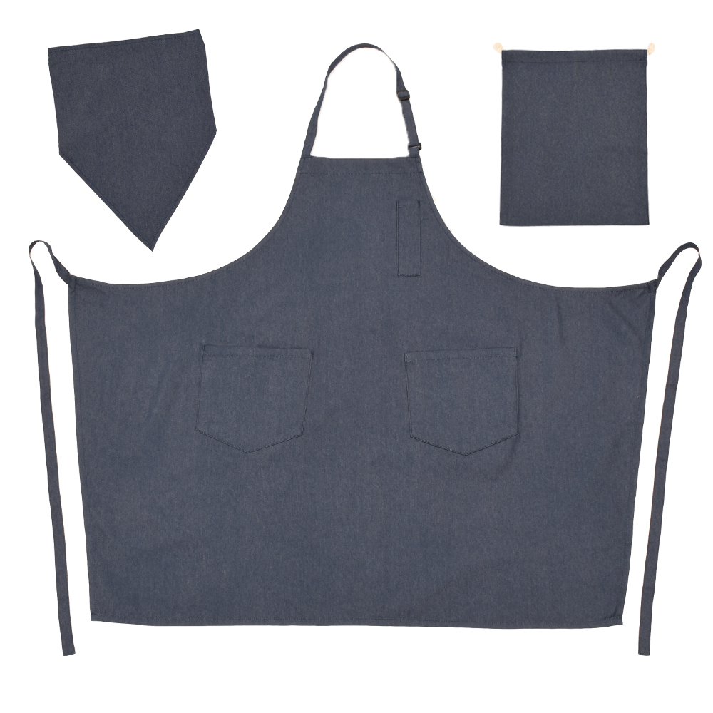ワークエプロン 3点セット デニム 無地 エプロン 三角巾 巾着 140 150