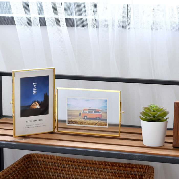 フォトフレーム おしゃれ l版 2面 はがきサイズ 写真立て ゴールド