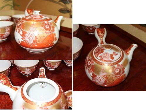 九谷焼 茶道具 十客茶器揃（急須・碗10ヶ入） 本金赤牡丹孔雀 錦苑作