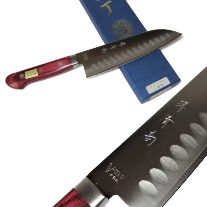 堺清高 DPゴールド鋼本割込包丁 三徳型 170mm ディンプル 口金付【笠原