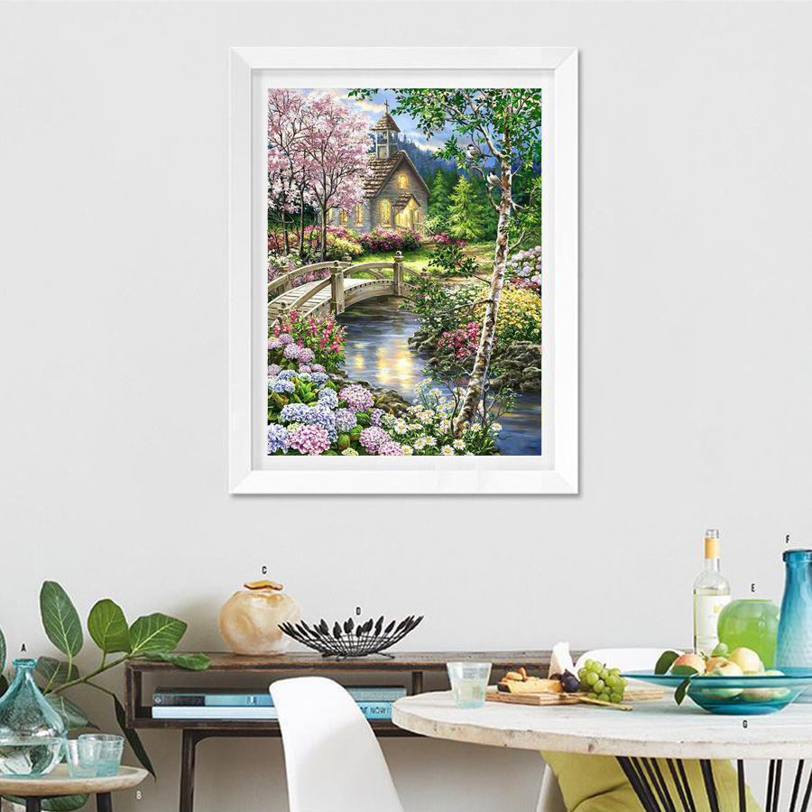 激安挑戦/厳選品質】 ダイヤモンドアート 初心者 花 橋 木 河 教会