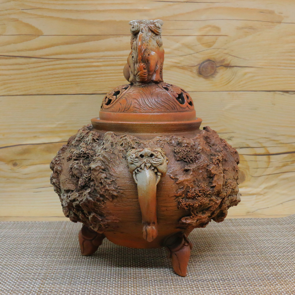 香炉 有田焼 伊万里焼 道園窯（古賀純次作）山水彫香炉 木箱付 置物