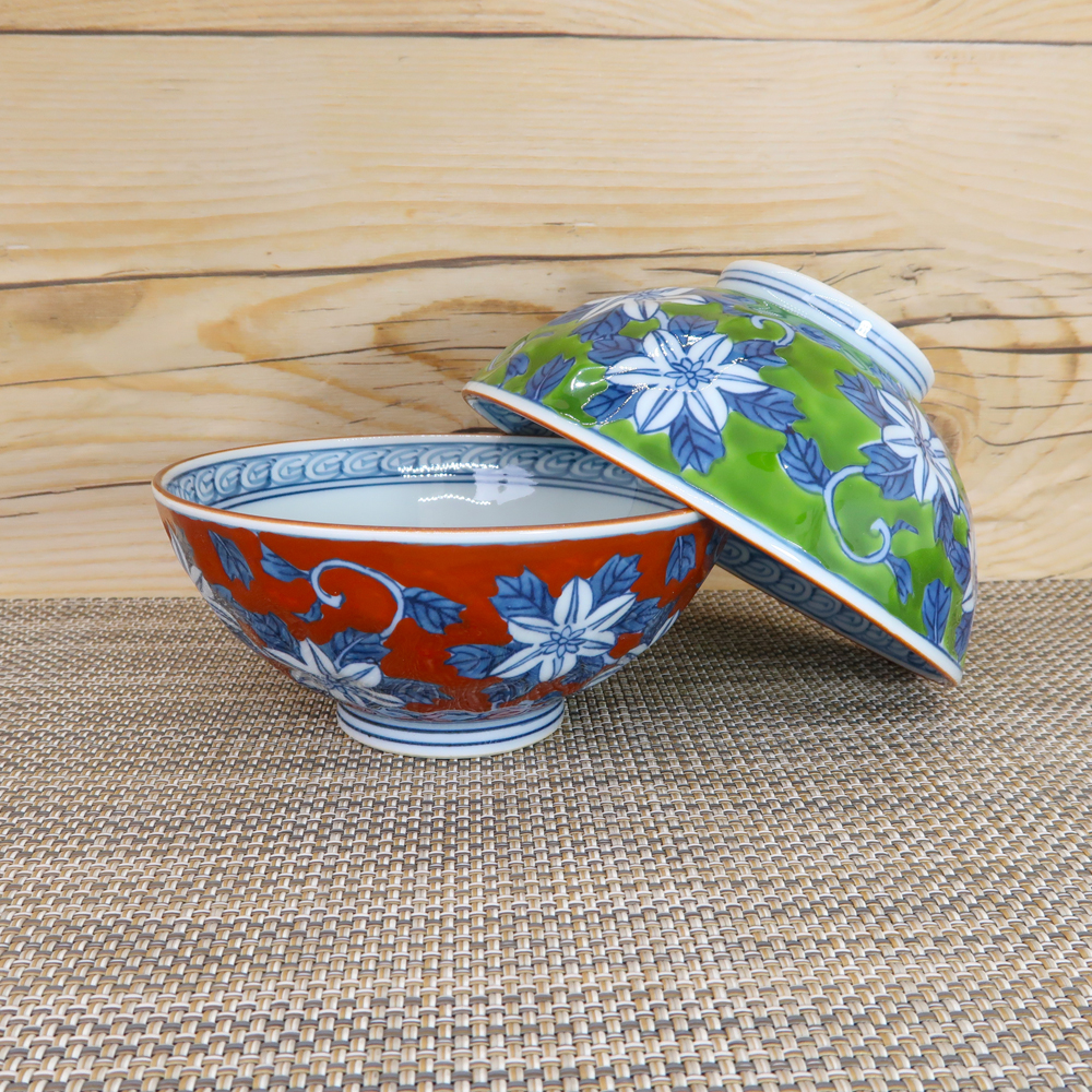 茶碗 有田焼 波佐見焼 錦鉄仙花茶碗（小・赤/大・緑） 花柄 和柄