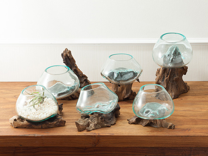 バリ島 流木ガラス鉢 バリガラス 流木 花器 花瓶 金魚鉢 プランター