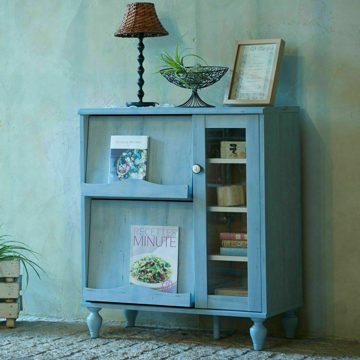 キャビネット 棚 幅76cm 高さ89cm ブルー ホワイト 白木目 フラップ扉