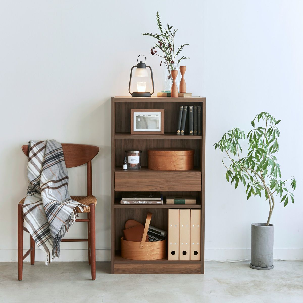 ラック 棚 幅57cm 高さ108cm ダークブラウン 引出付き 本棚 セルオリア