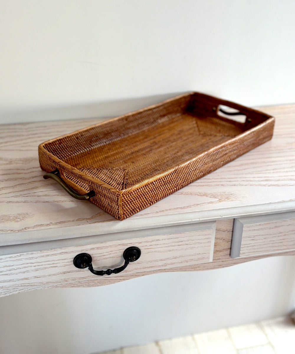 アタ 真鍮取っ手トレー 横長42cm ウェーブデザイン バリ島手作り