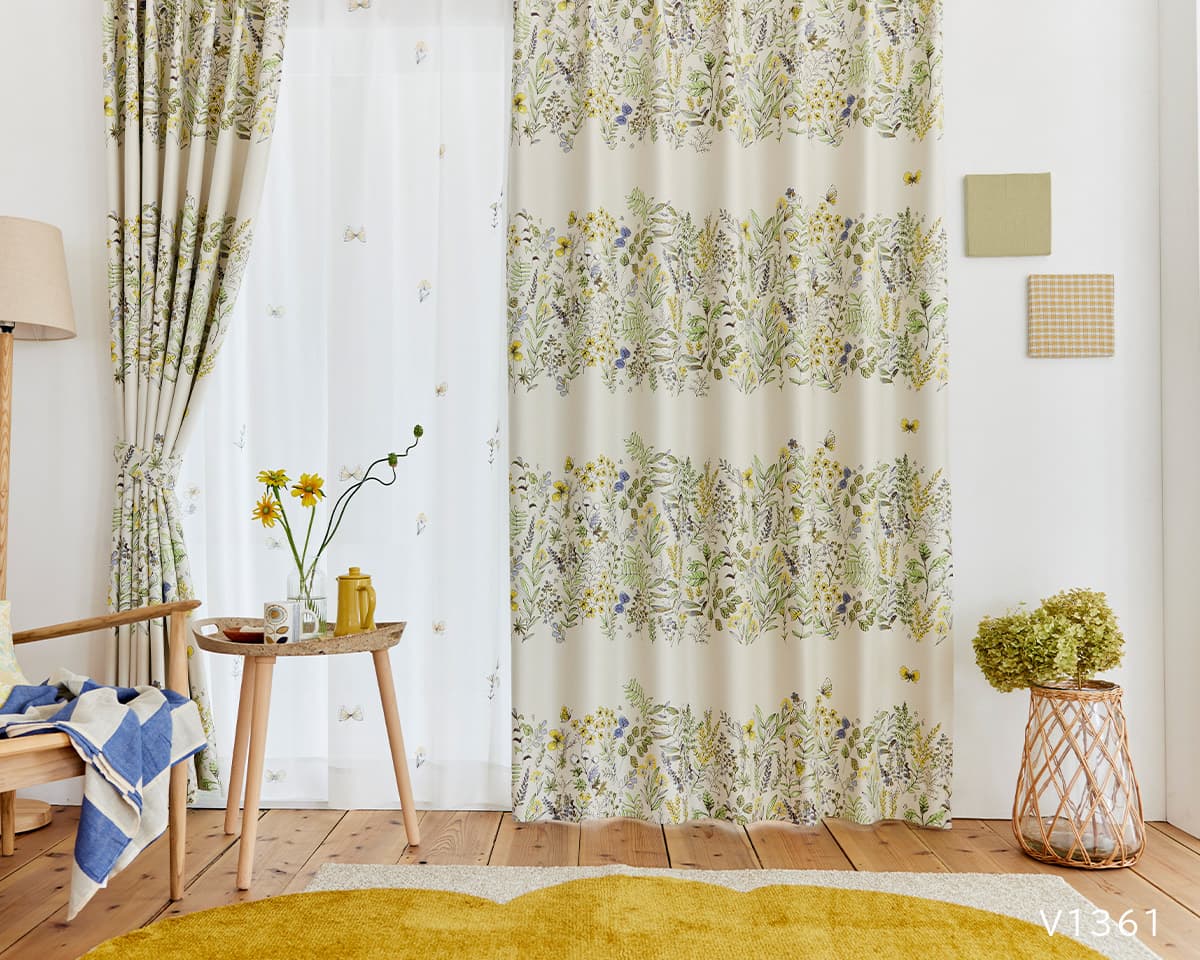 ㉝幅約120㌢×丈約181㌢(1枚) 両開き ドレープ スミノエ 花柄 ㉝幅約120