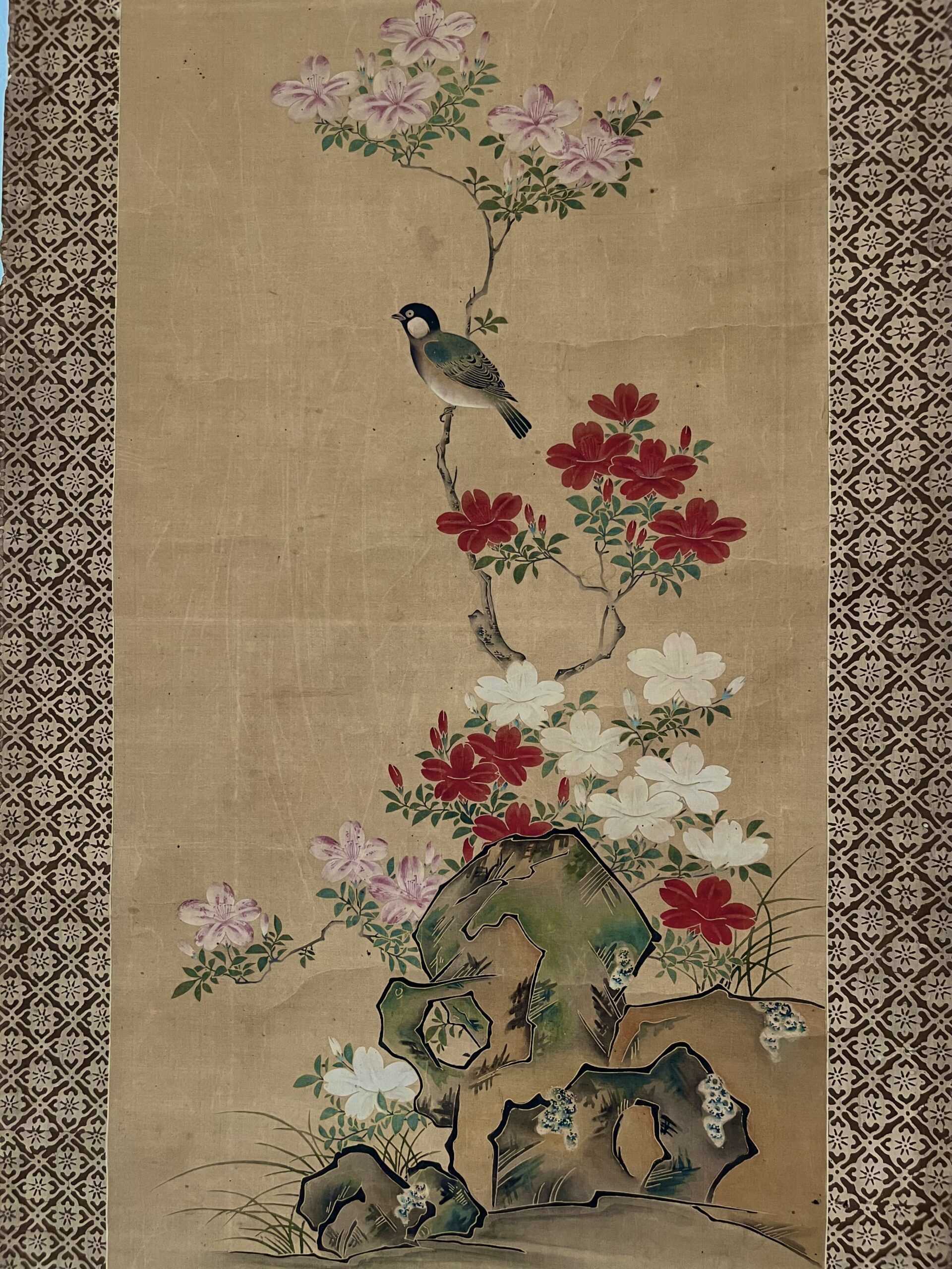 骨董水妖｜伝 宮崎友禅作 花鳥図染抜表具掛軸