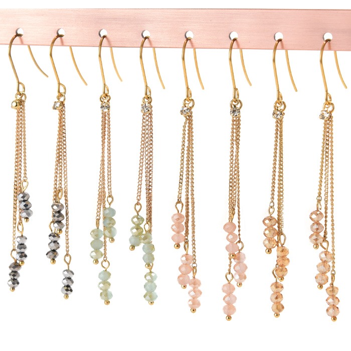 カラービーズジュエル ロングチェーン フック ステンレス ピアス（1ペア）