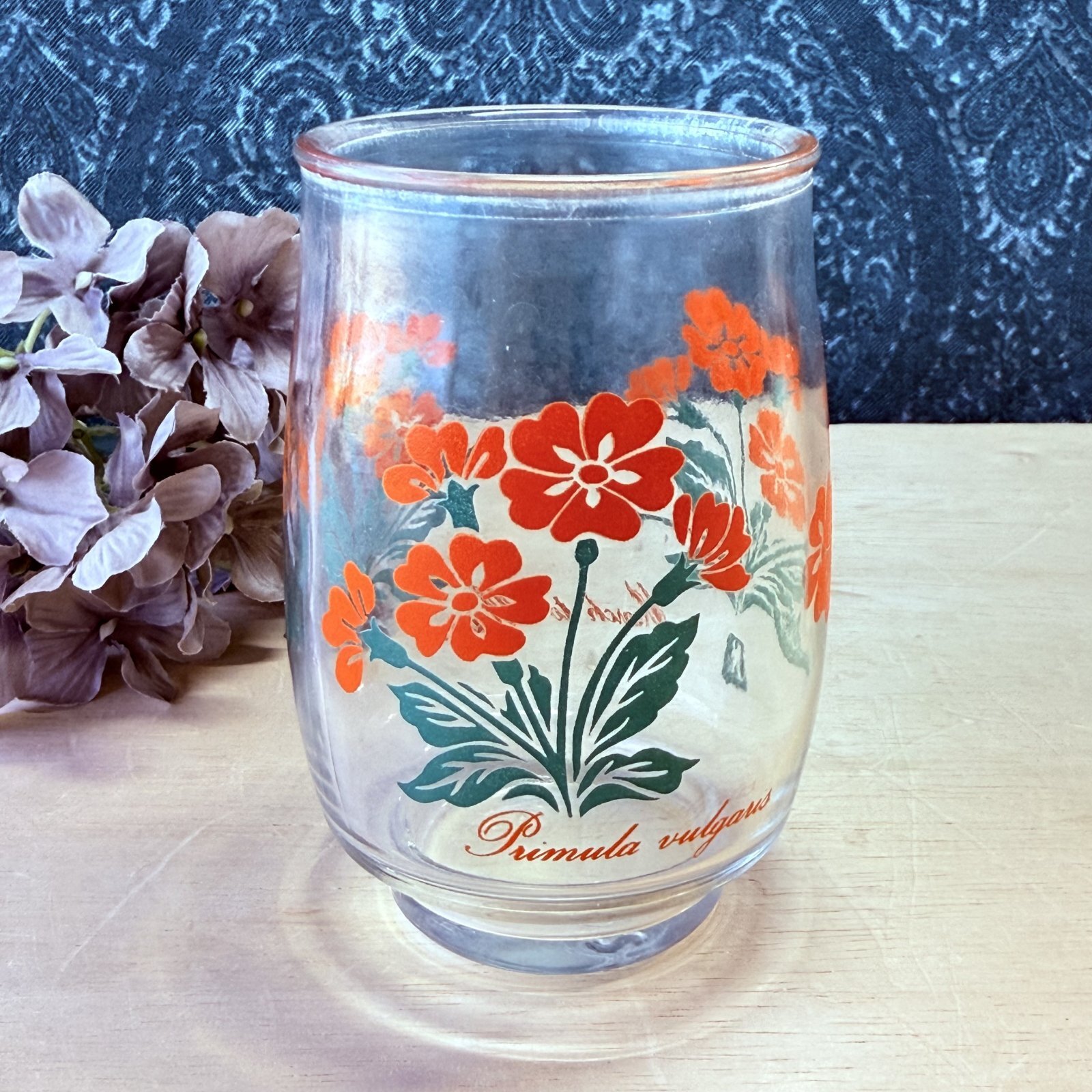 昔のワンカップグラス オレンジフラワー 花柄タンブラー vintage