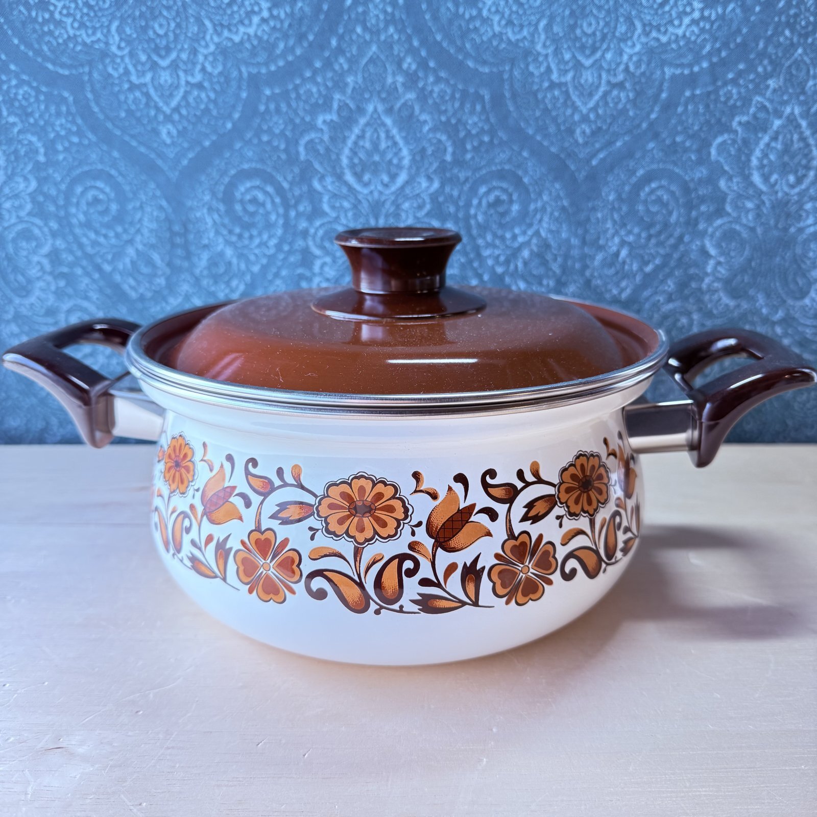サンコーウェア モダンブラウン蓋 北欧風 花柄 ホーロー両手鍋 20cm