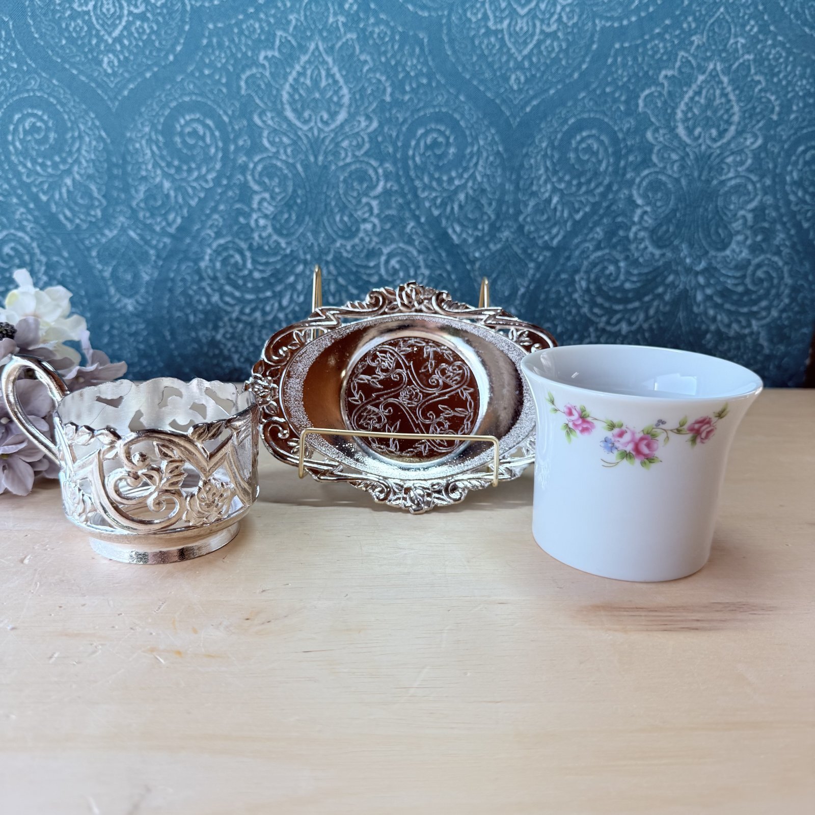 シルバー 銀メッキホルダー付きカップ＆ソーサー 花柄カップ 通常サイズ
