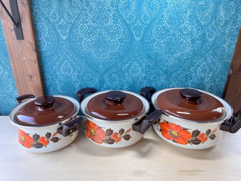 サンコーウェア ホーロー両手鍋 モダンオレンジ花柄 各サイズ ブラウン蓋