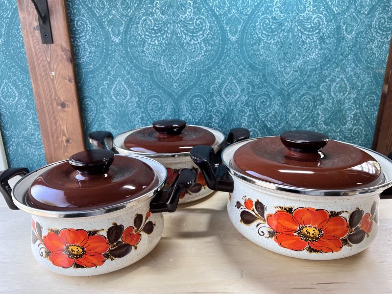 サンコーウェア ホーロー両手鍋 モダンオレンジ花柄 各サイズ ブラウン蓋