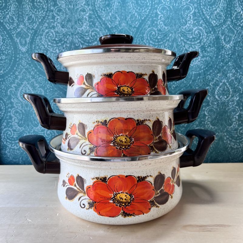 サンコーウェア ホーロー両手鍋 モダンオレンジ花柄 各サイズ ブラウン蓋