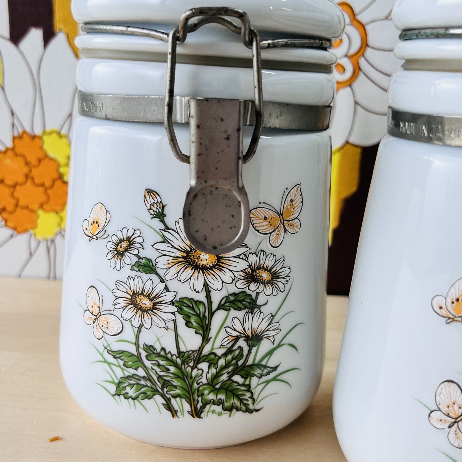 vintage グラスベイク風お花柄の陶器製保存容器 密閉容器 1個