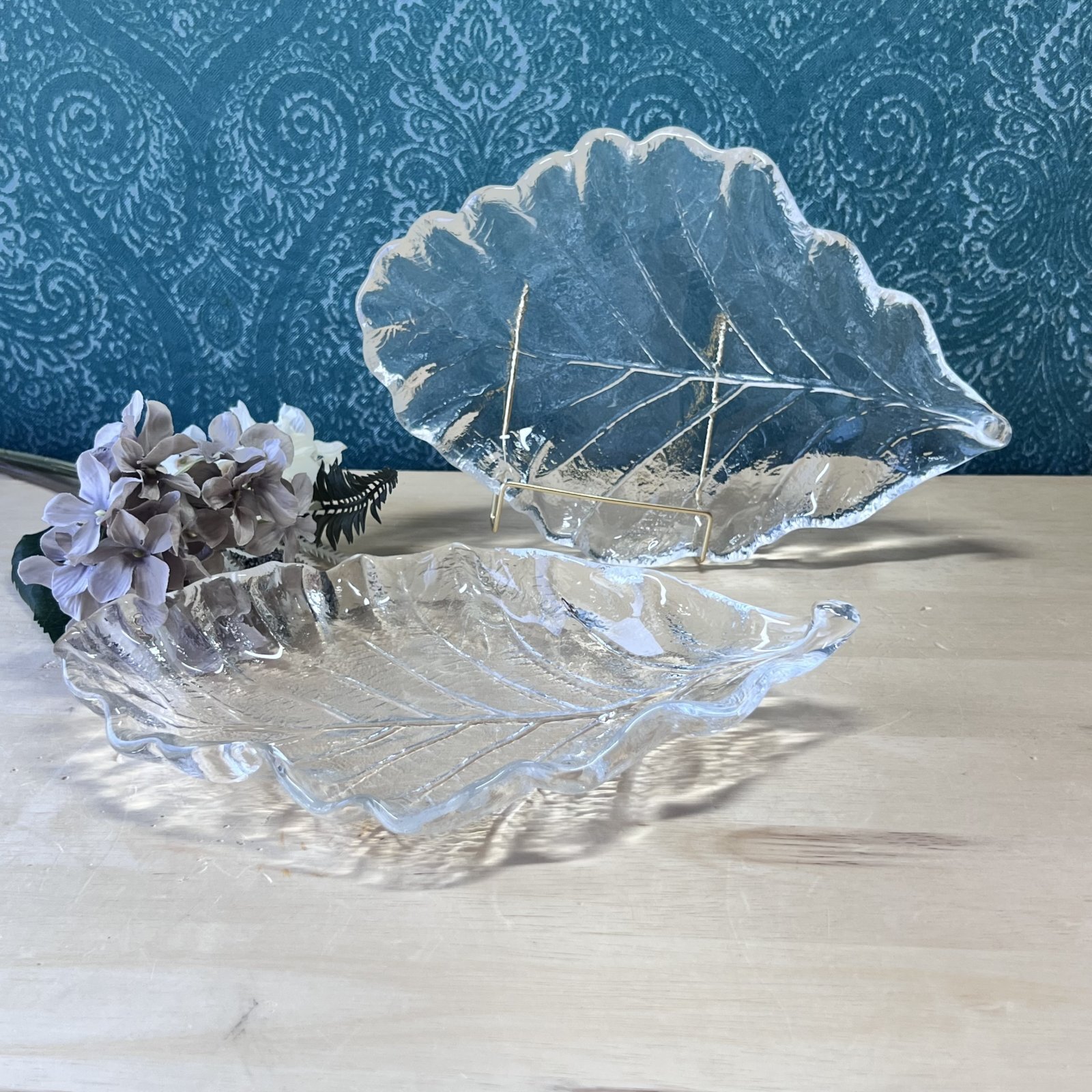 HOYA 保谷クリスタル 大きなガラスリーフプレート 2枚セット 葉模様