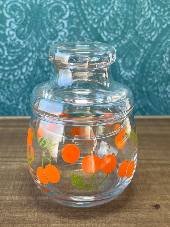 オレンジカラーのチェリー柄ガラスキャニスター さくらんぼ GC172