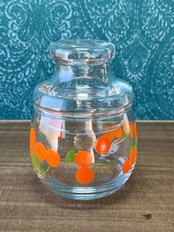 オレンジカラーのチェリー柄ガラスキャニスター さくらんぼ GC172
