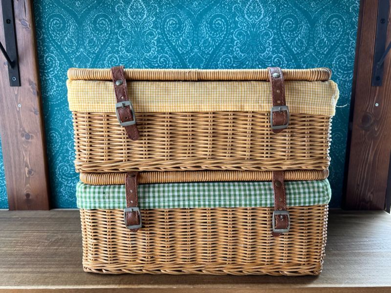 レトロな収納カゴ 角型バスケット 蓋付き 2個セット SZ740