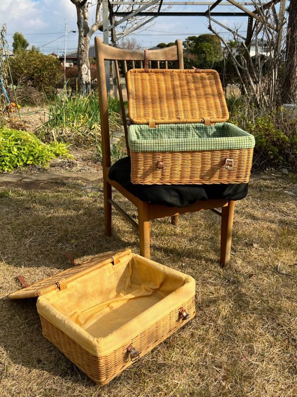 レトロな収納カゴ 角型バスケット 蓋付き 2個セット SZ740