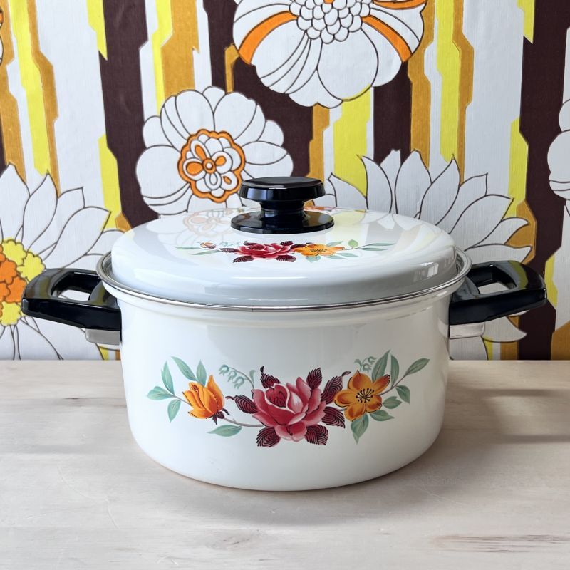 MARUWAI マルワイホーローウェア オレンジ蓋 薔薇 花柄 ホーロー鍋