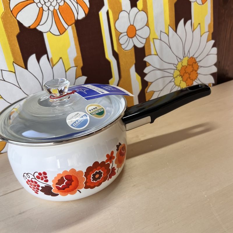 象印クリアリッド ホーロー片手鍋 ガラス蓋 オレンジ 花柄 16cm
