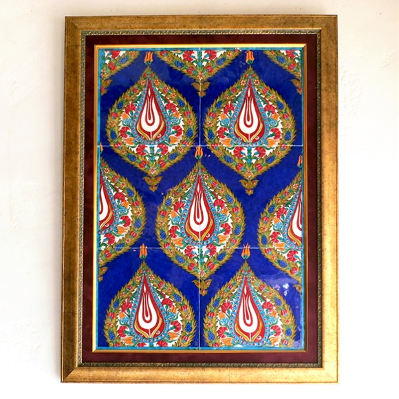 キリムスタイル / トルコ伝統柄・手書きタイル6枚パネル額装コバルト