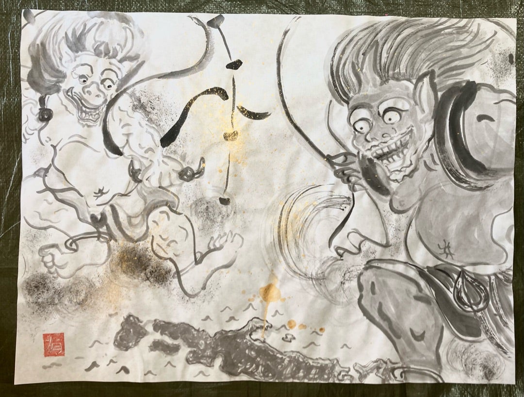 水墨画で和を楽しむ＊風神雷神図屏風2024 | アトリエSORA お絵かき造形教室