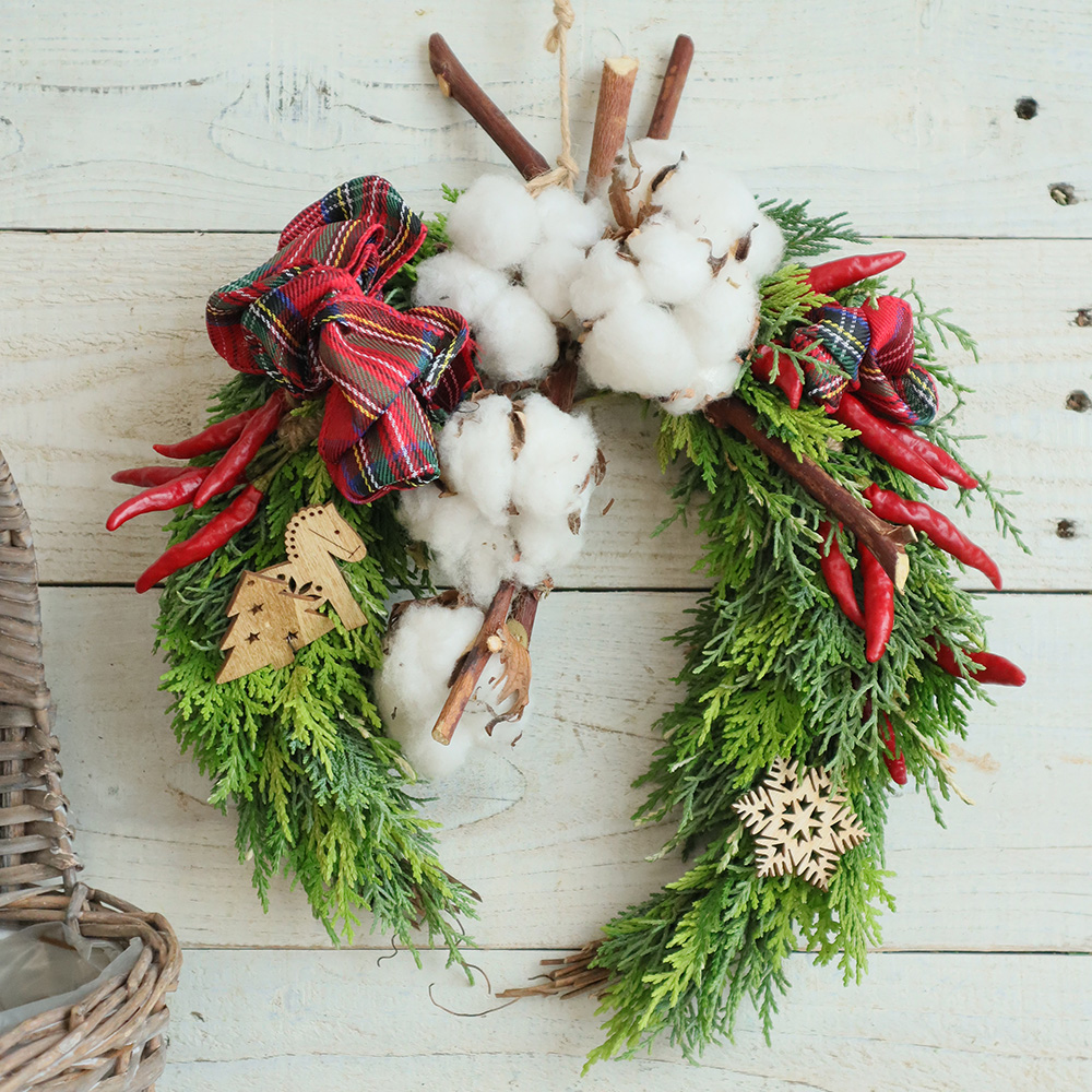 直前】コニファーの馬蹄型クリスマスリース(レッド)/はなどんやキット