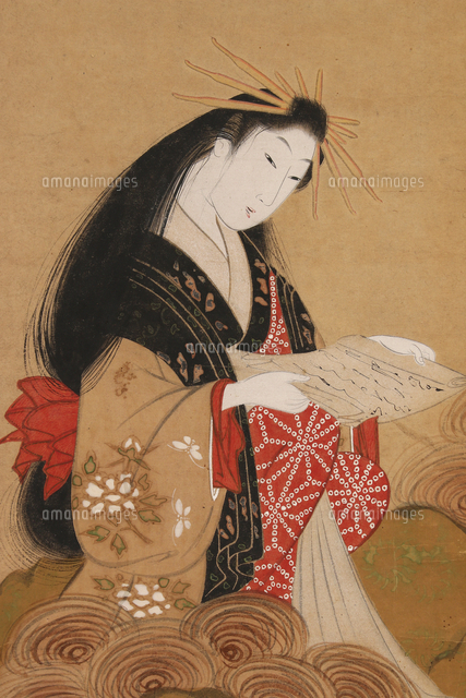 肉筆浮世絵美人画見立文殊図（部分）[20076000129]の写真・イラスト