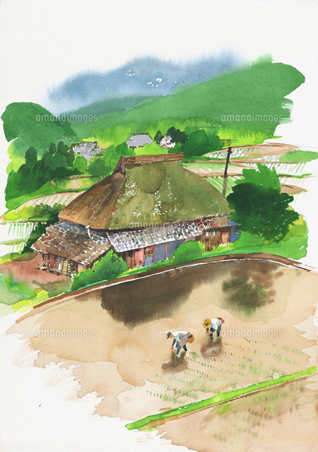 農村の風景 水彩[20037008278]の写真・イラスト素材｜アマナイメージズ