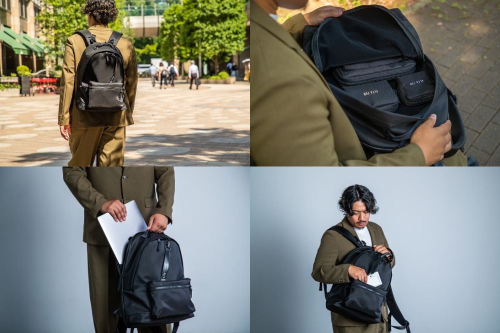 黒リュックの新定番！バッグ内の好きな位置にポーチを貼り付けて