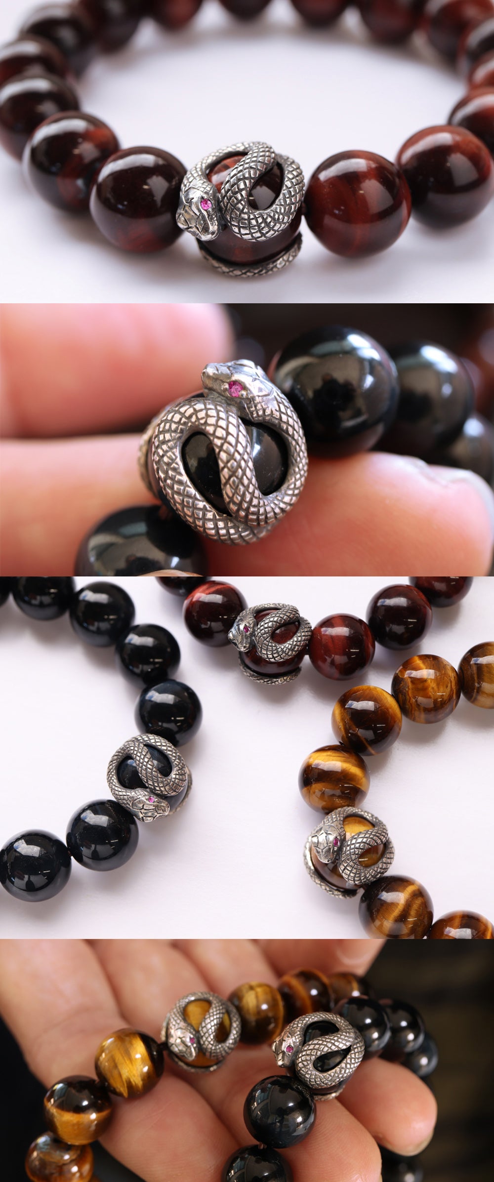 吉祥・幸運のシンボル「白蛇」虎目石の宝珠を纏う開運ブレスレット