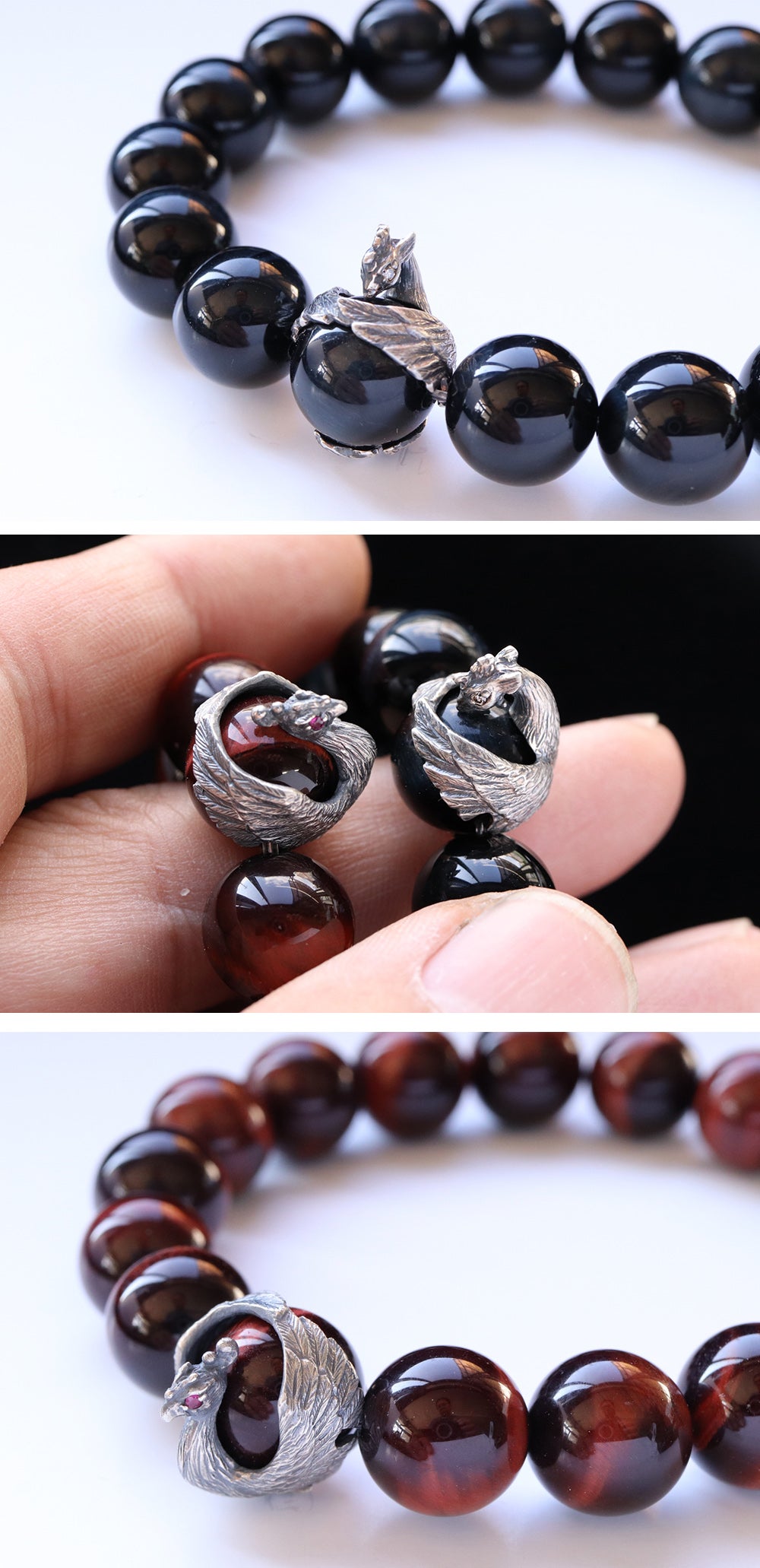 平和の象徴】 一対の「鳳凰」が虎目石の宝珠を纏う開運ブレスレット