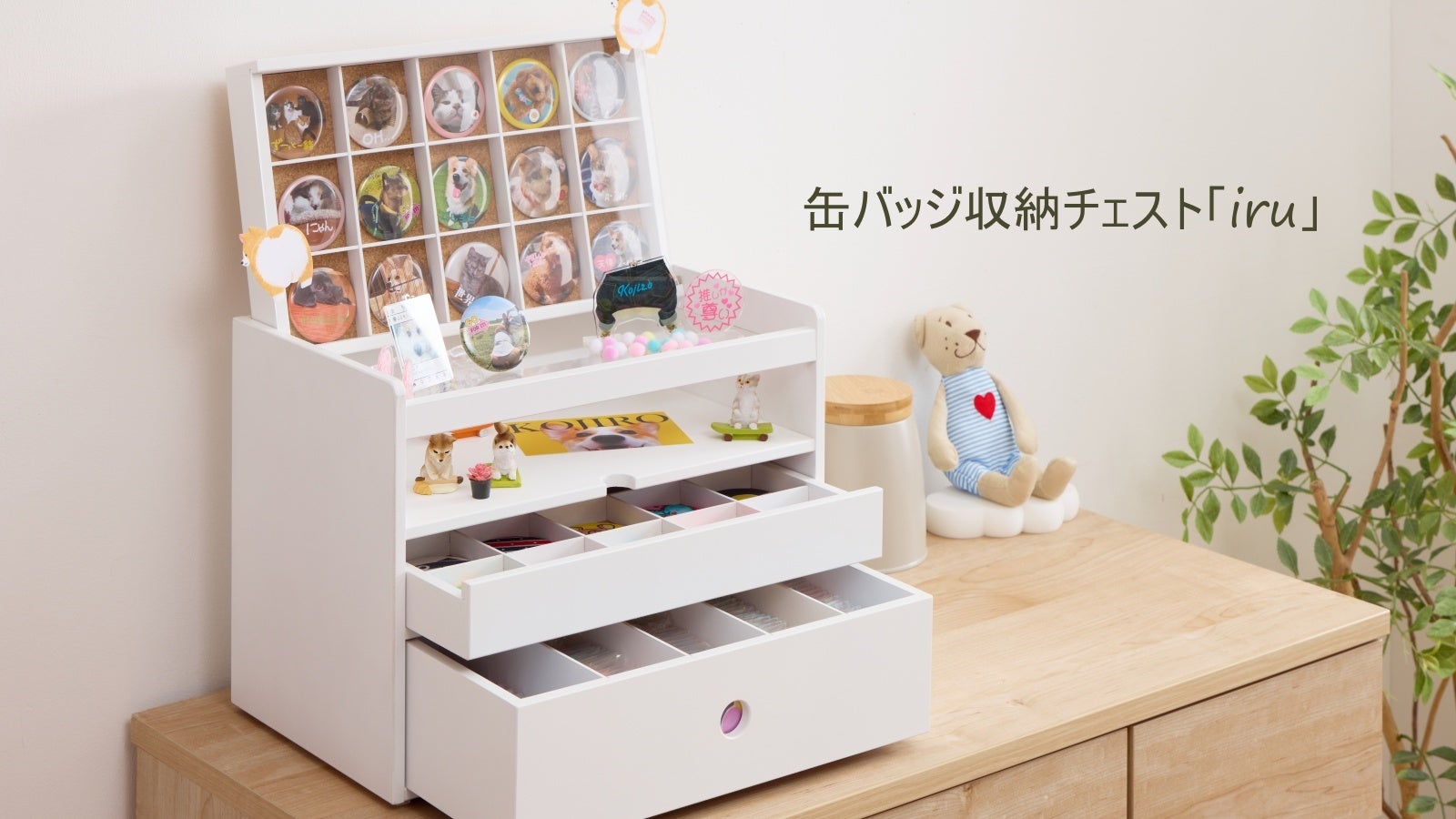 大切にしまっておけて、いつでも眺められる 缶バッジ収納チェスト「iru