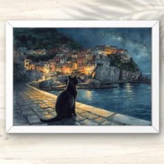 A4 崖の灯りと港を見つめる黒猫の夜景 水彩風景画アート ウォール