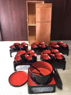 お膳 お椀 5膳 おひつ しゃもじ お盆 セット 木製収納箱付き 骨董品