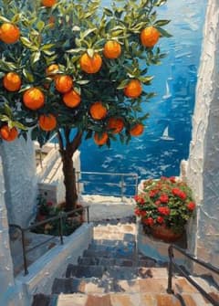 1790 青い海と白い街並み風景画アートポスターオレンジの木ギリシャ風