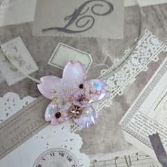 464 手描き✴桜❀✴ピンクパープル✴レジンヘアゴムキーホルダー