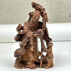 置物】石製？ 七福神 福禄寿？ 長寿仙人？ 右手に桃、左手に杖 裏面に