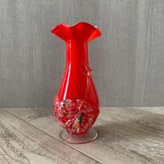 アンティーク ガラス製フラワーベース レッド 花瓶 吹きガラス 昭和