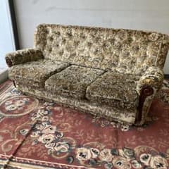 昭和レトロ 古家具 花柄ベロア 三人掛けソファー アームチェア