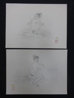 加山又造 裸婦 二枚・肉筆鉛筆画・紙本著色・印刷や写真ではない