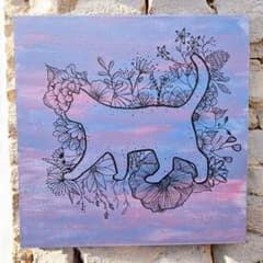 猫 花 アクリル画 原画 フローラル 動物 北欧 インテリア - メルカリ