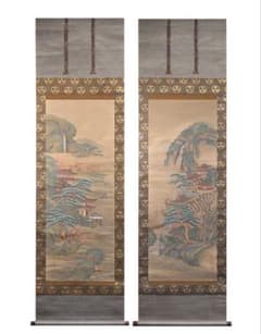 土佐光起 真筆 慶應三年以降の作 絹本 着色楼閣山水図 双幅 徳川家葵御