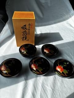 輪島塗 角知作 吸物椀 5客セット 共箱入 椿蒔絵 漆器 天然木 伝統工芸
